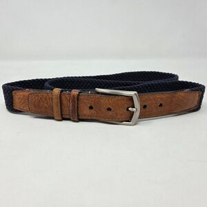TORINO BROWN LEATHER NAVY BLUE COTTON WOVEN SILVER BUCKLE MENS BELT SIZE 44